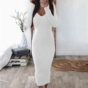 White Bodycon Midi Dress V Neck Long Sleeve Ribbed Knitted Deep V Back
